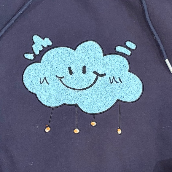 Elfric Eden Fleece Lined Hoodie Navy Blue Smiley Cloud Graphic Size S - Picture 2 of 11